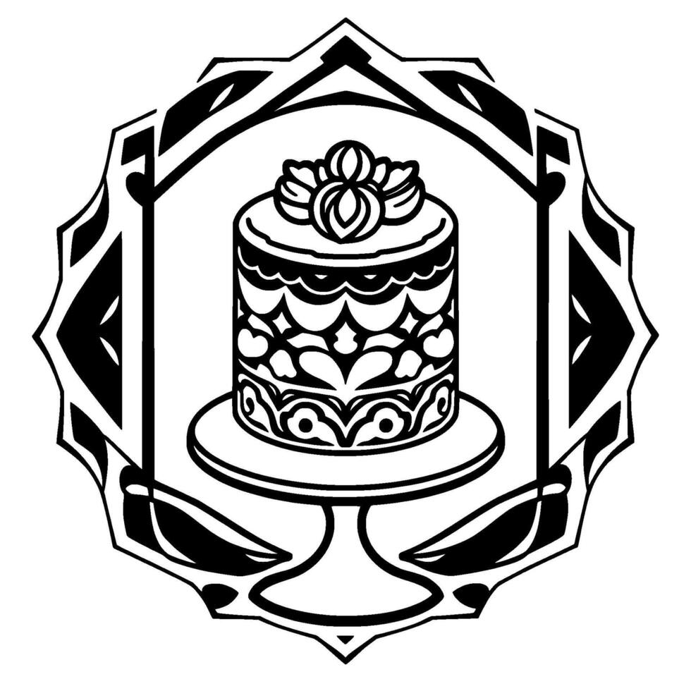 Intricate black and white emblem featuring a layered, decorated cake atop a pedestal, within a geometric, ornate frame. vector