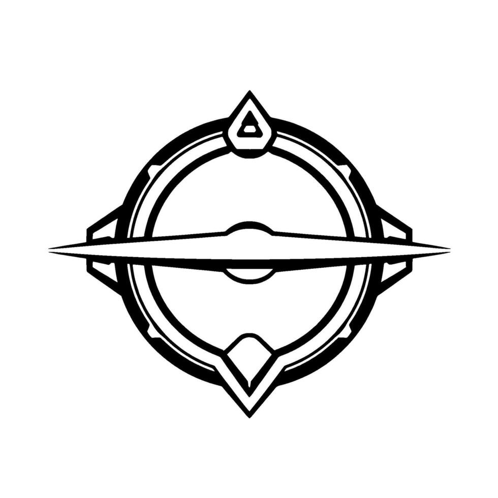 Modern, minimalist black and white geometric compass with a circle, crossbar, and angular elements, evoking direction. vector