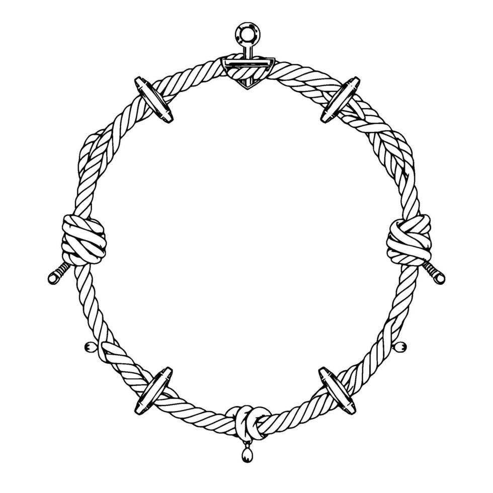 Nautical Circle Frame An intricate black and white illustration featuring a rope border with knots, metal accents, and an anchor motif at the top. vector