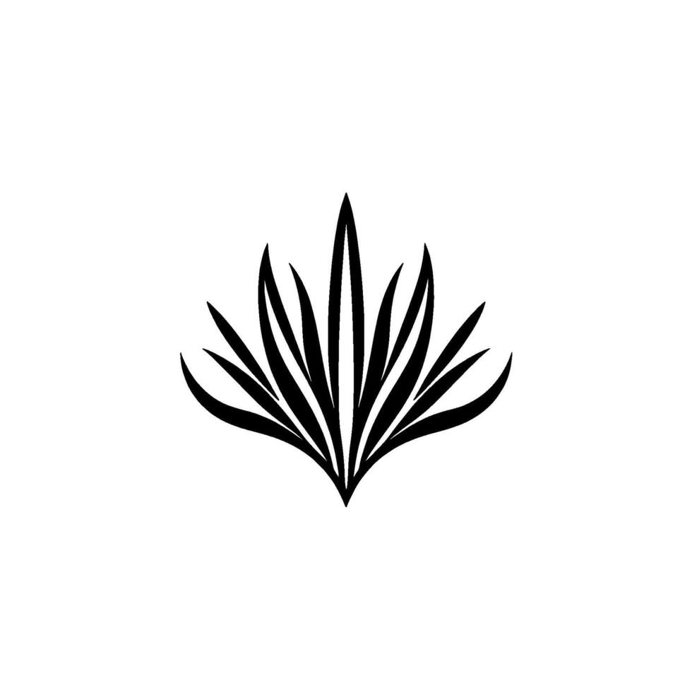 A minimalist, symmetrical, black and white illustration of a stylized, symmetrical plant, with sharp, elongated leaves radiating outwards from a central point, set against a plain white backdrop. vector
