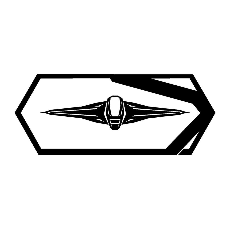 Geometric Monochrome Illustration of a Futuristic Spaceship in a Hexagonal Frame, Streamlined and Bold, on White. vector