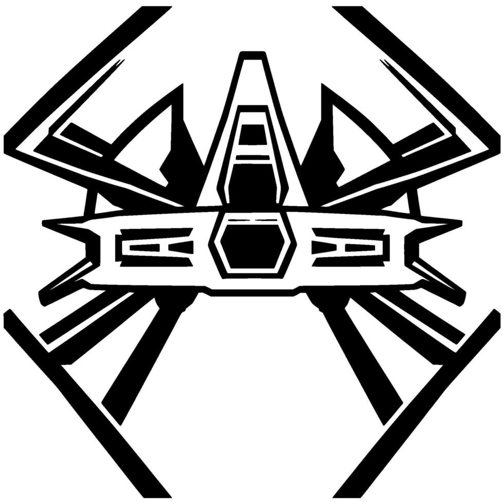 Futuristic symmetrical black and white geometric illustration of a drone or spacecraft, with sharp angles and a clean , isolated on a white background. vector