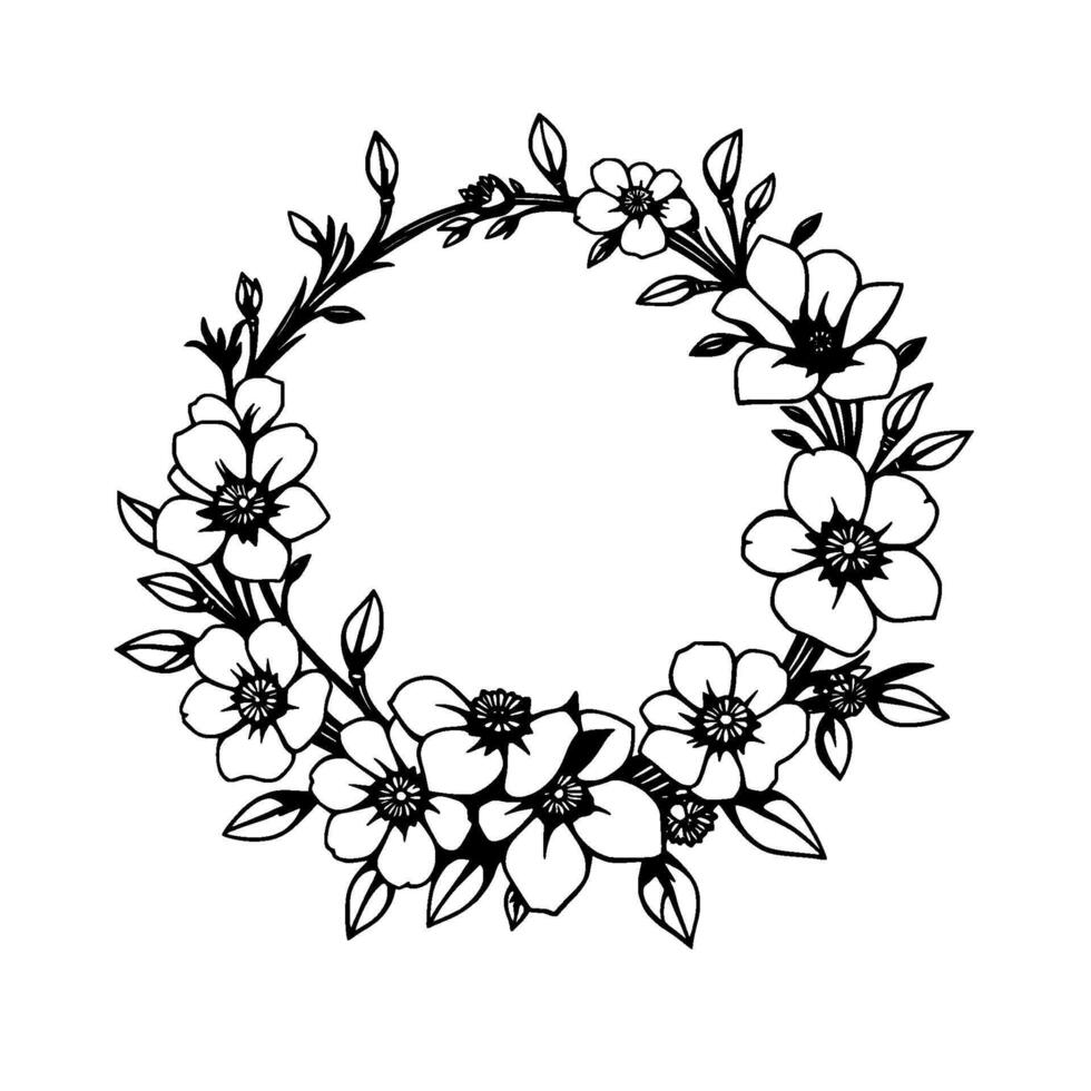 Elegant Black and White Floral Wreath Illustration Detailed Outline of Blossoms, Leaves, and Buds in a Circular Arrangement, Perfect for Elements. vector