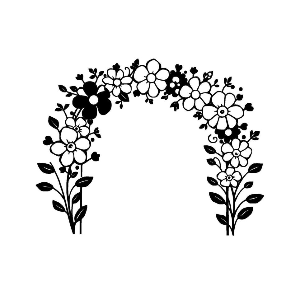 Elegant Black and White Floral Archway with Outlined Flowers, Leaves and Detailed Elements. vector