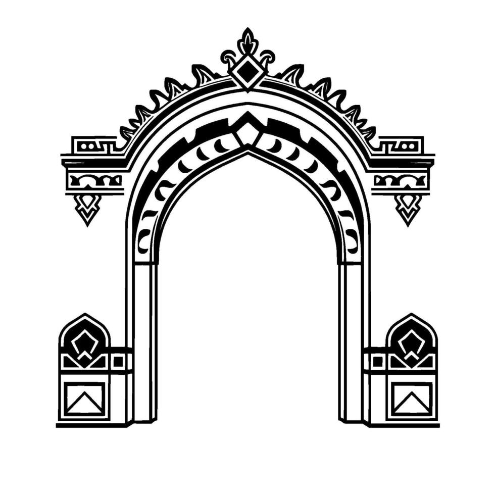 style architectural archway with intricate ornamental details in black against a white background, featuring geometric shapes and patterns. vector