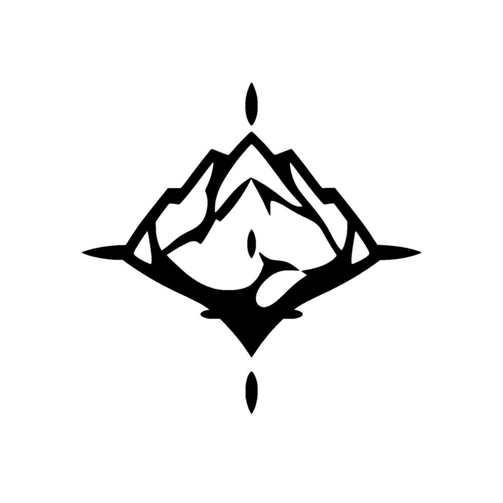 A symmetrical, geometric mountain illustration in black ink, featuring sharp angles and stylized peaks, with subtle shading on a stark white background. vector