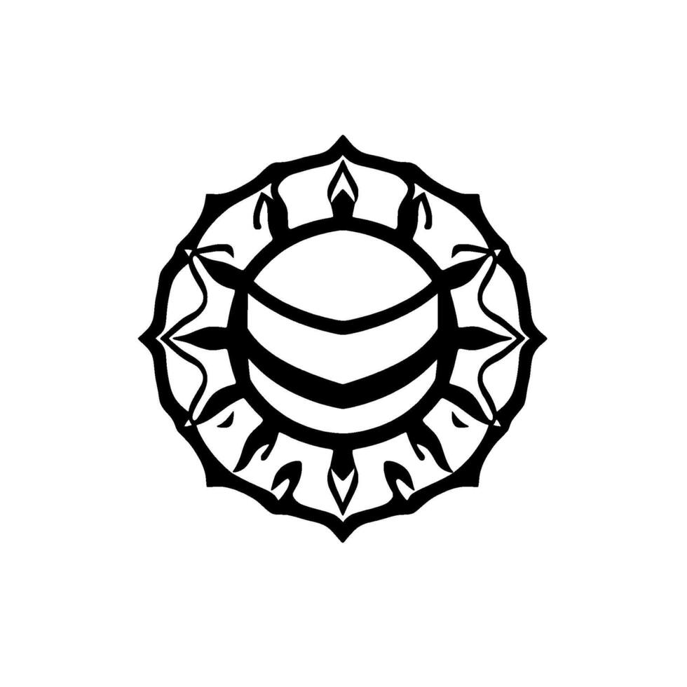 A circular black and white mandala featuring a crescent moon within a stylized floral border, evoking peace and harmony. vector