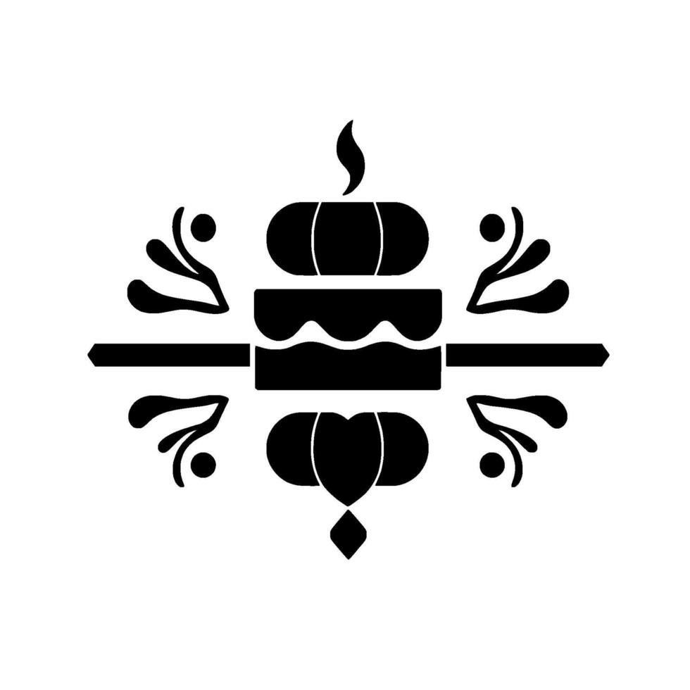 A symmetrical black and white illustration of a layered cake with a candle, adorned with floral and directional elements. vector