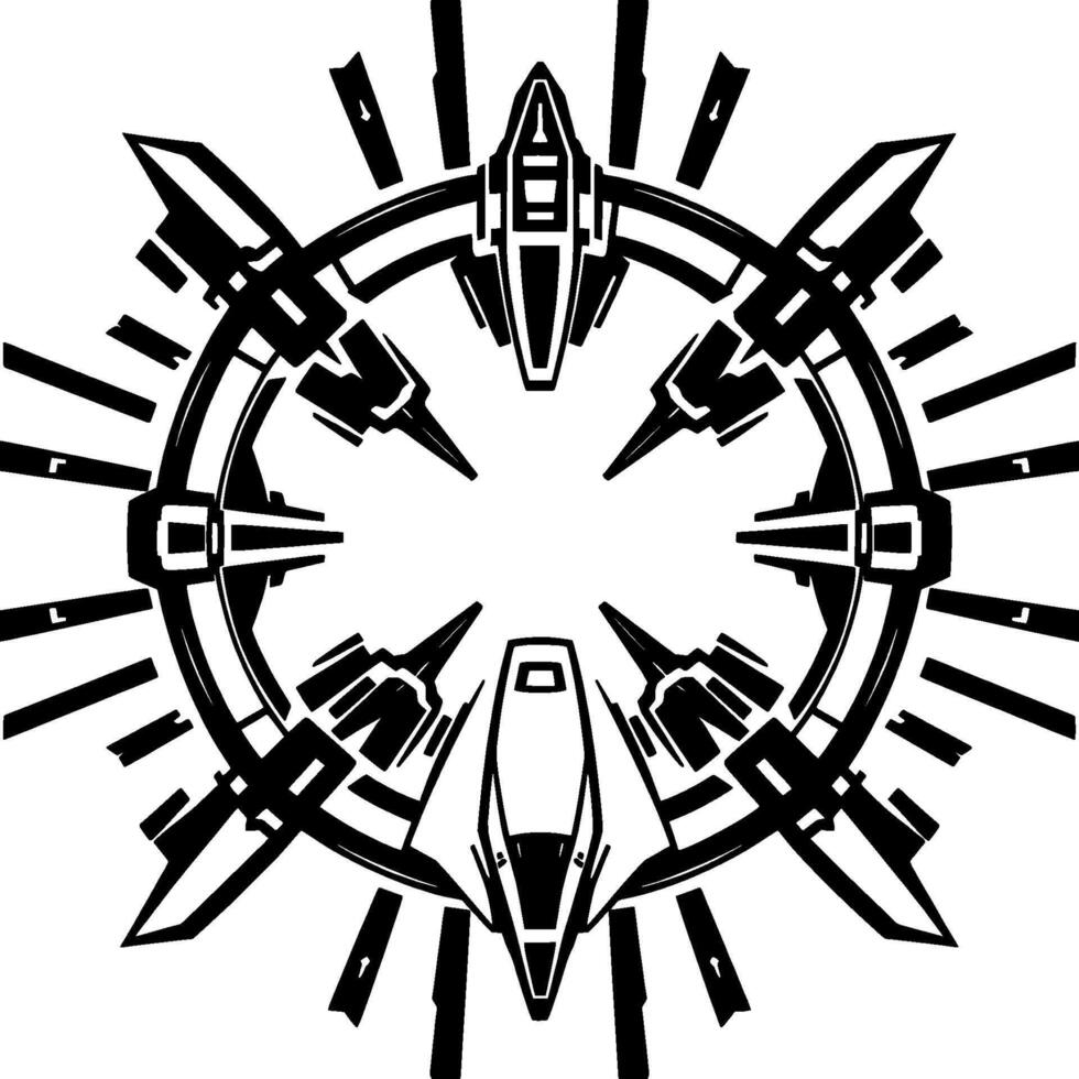 Stylized Black and White Geometric Illustration of a RingShaped Spacecraft Assembly with Multiple Attached PodLike Vessels. vector