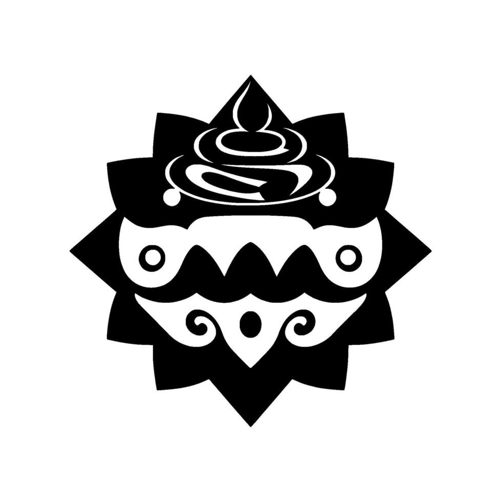 Symmetrical Black and White Mandala with Stylized Floral Motif, Abstract Face, and Intricate Decorative Details on White Background. vector