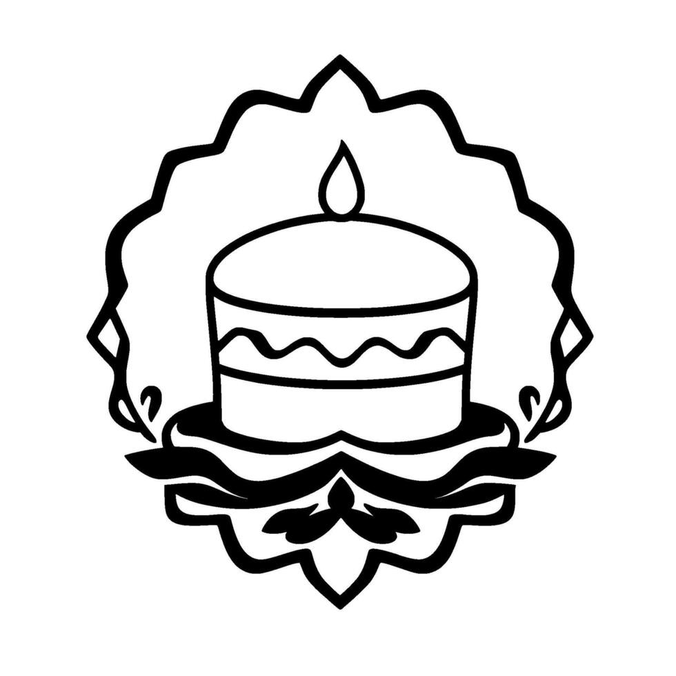 Black and white cake with a candle, decorative scalloped border, and stylized floral base on white background, illustration. vector