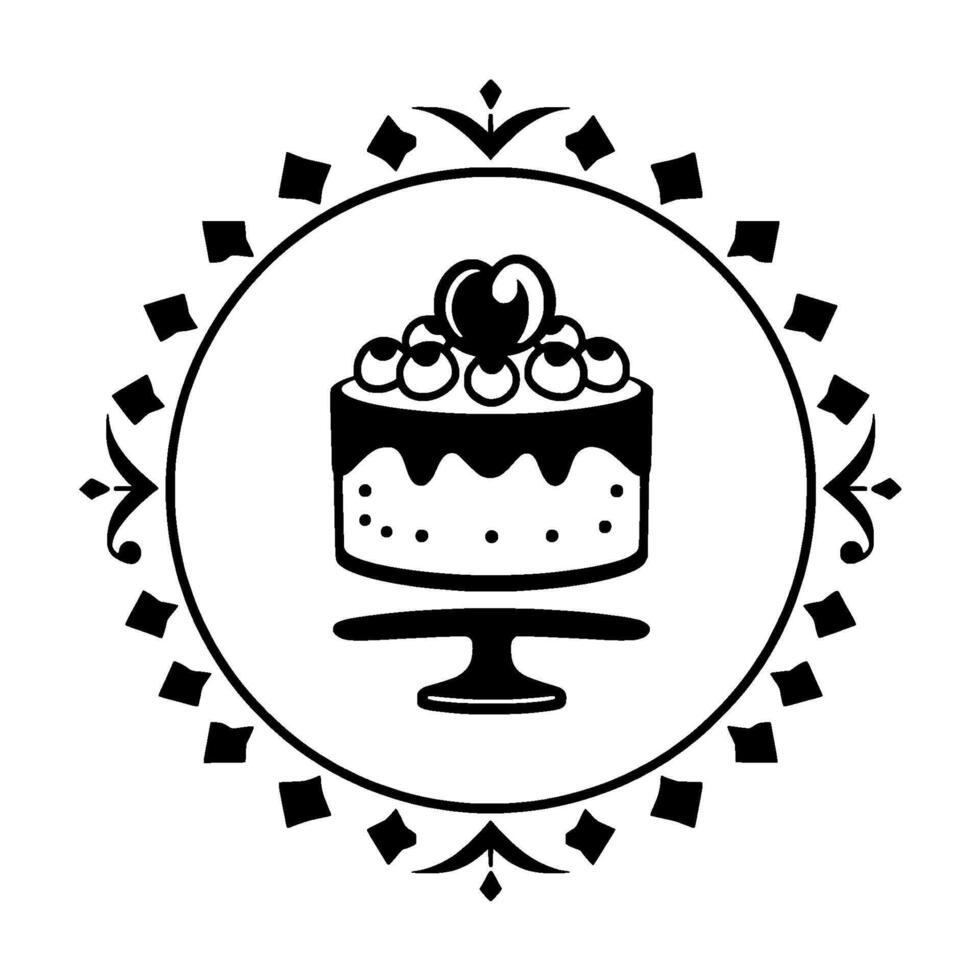 Elegant Black and White Cake Illustration within an Ornate Circular Frame, Embellished with Decorative Accents. vector