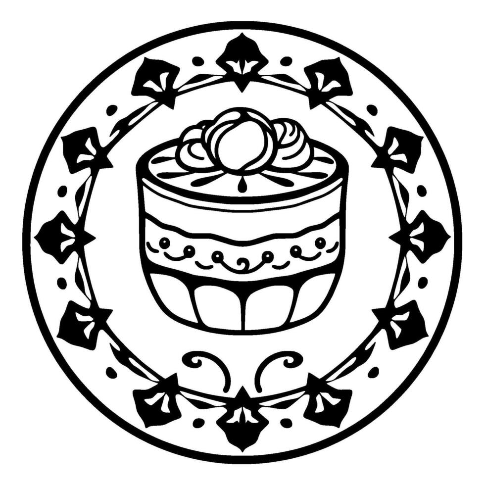 Detailed Black and White Circular Illustration of Decorated Cake on a Plate with Decorative Border, Minimalist . vector
