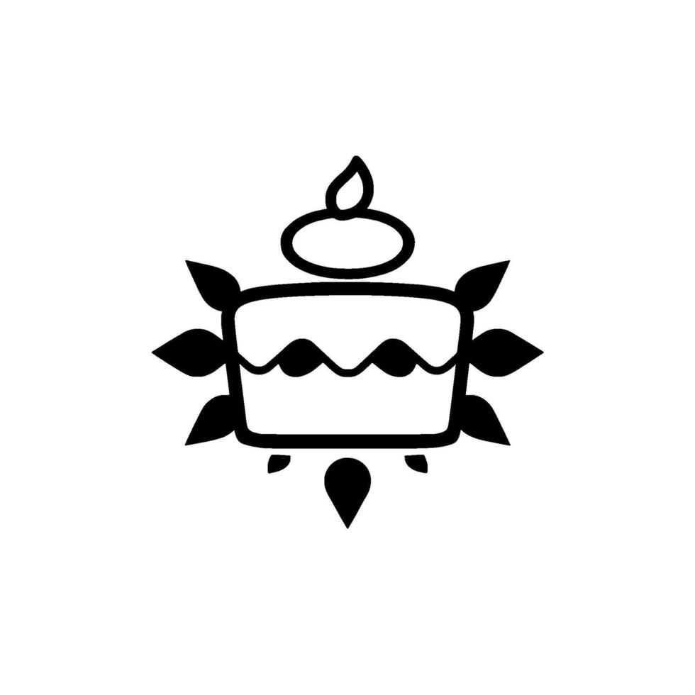 Minimalist Black and White Cake Illustration with Candle and LeafLike Embellishments on White Background, Symbolism. vector