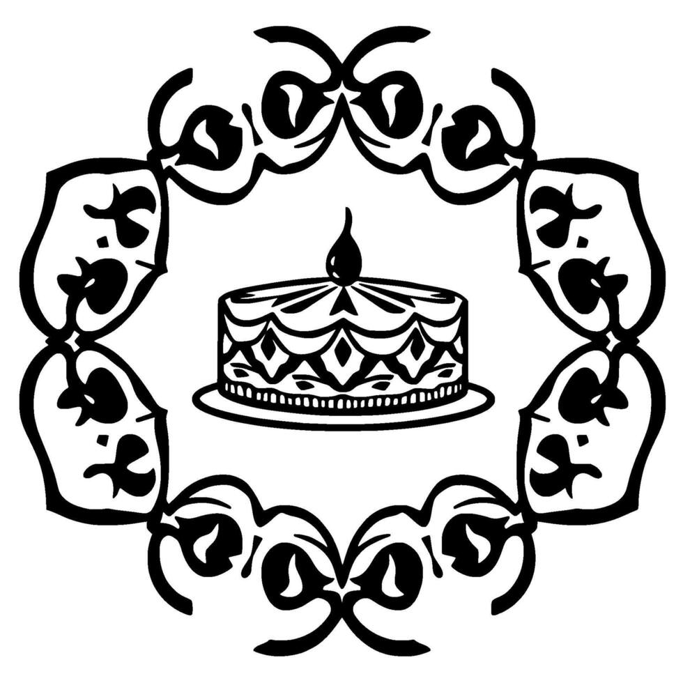 Ornate Black and White Cake Illustration with Candle on Top, Surrounded by Decorative Floral Frame, Isolated on White. vector