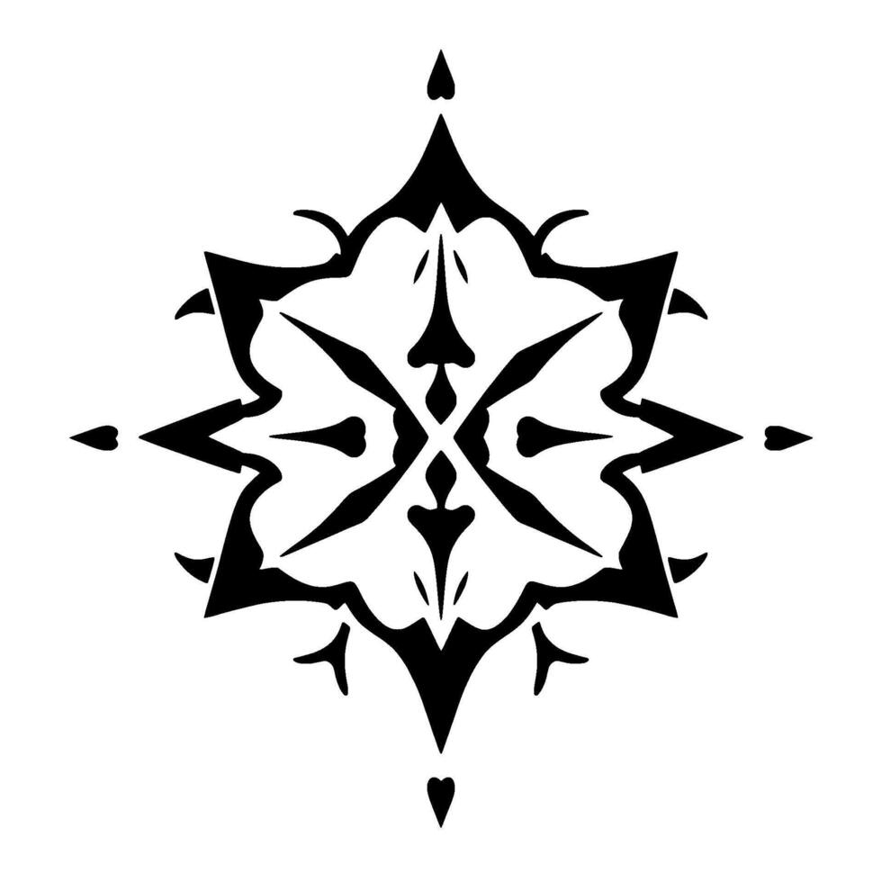 Intricate Black and White Stylized Floral or Starburst Ornamentation, Symmetrical on a Pure White Background, Digital Art. vector