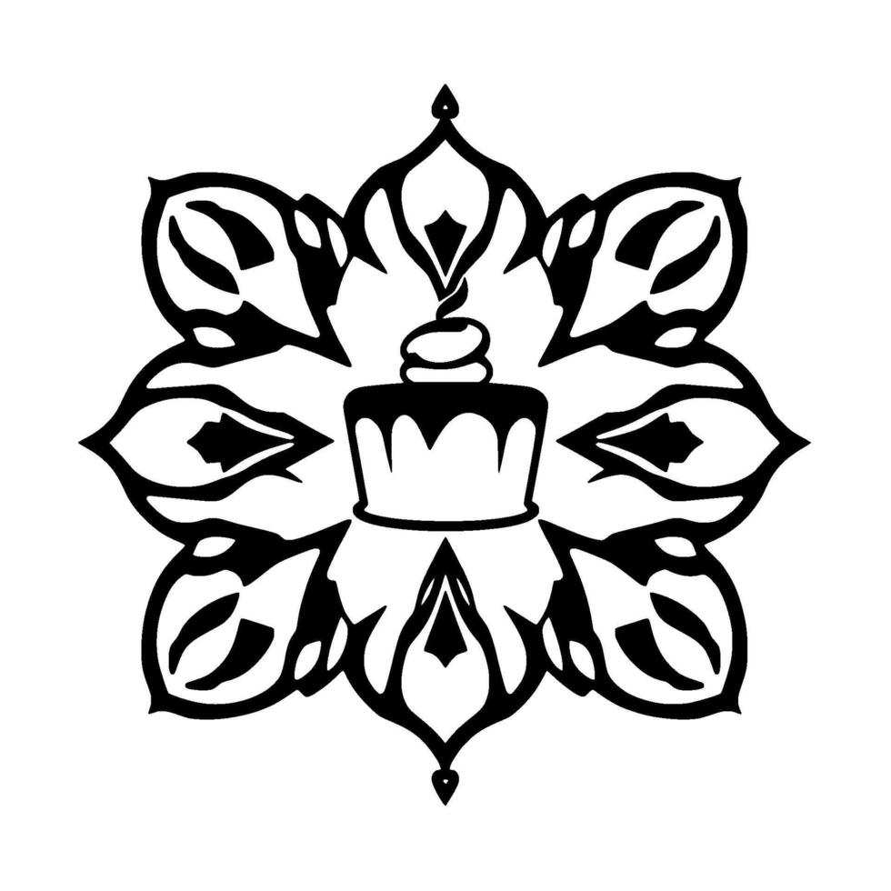 Abstract black and white mandalastyle cake , with intricate petal patterns, centrally featuring a sweet dessert. vector