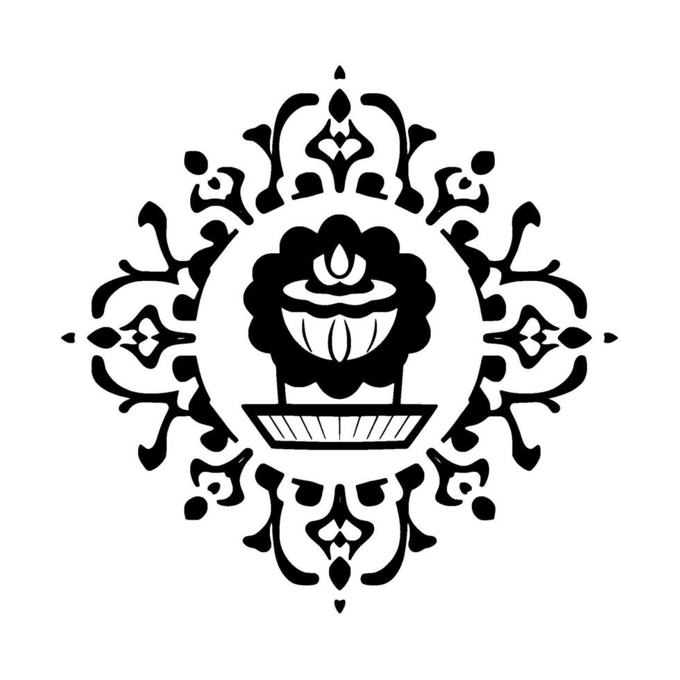 Elegant Black and White Illustration of Cupcake Inside a Decorative, Symmetrical, Floral and Ornamental Pattern. vector