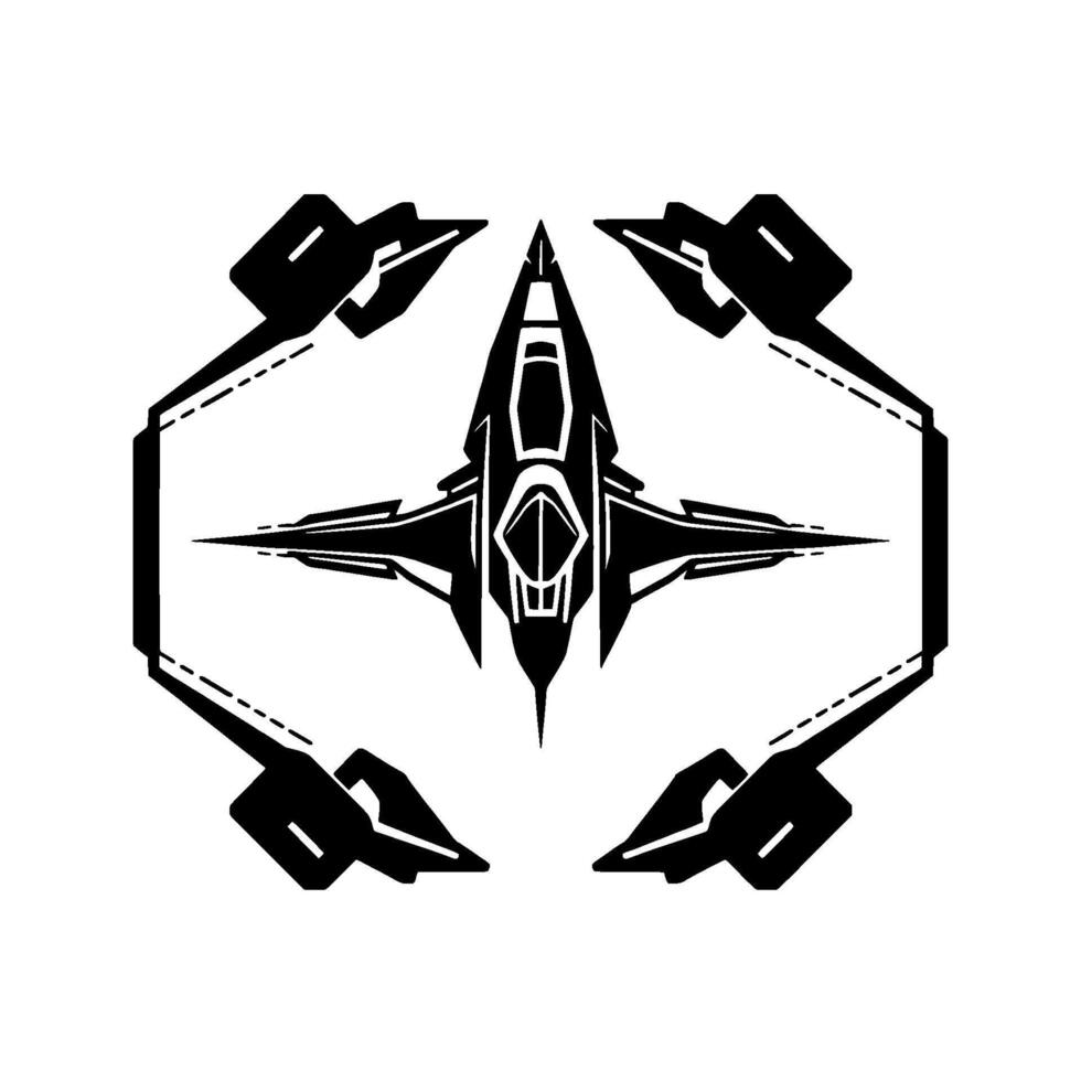 Futuristic, symmetrical, black and white illustration of a spacecraft with winglike attachments, featuring geometric and angular designs. vector