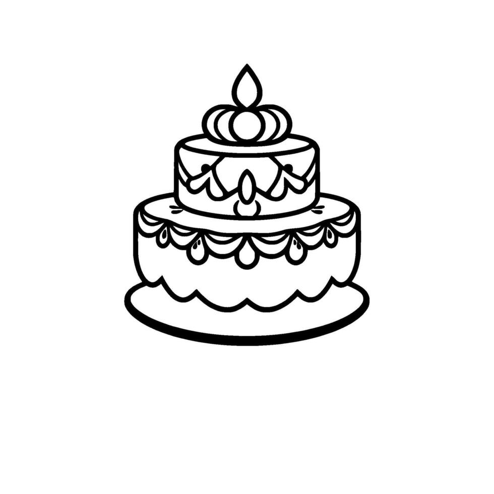 A twotiered black and white cake illustration with crownlike decoration on top and simple scalloped edges, set against a plain white background. vector