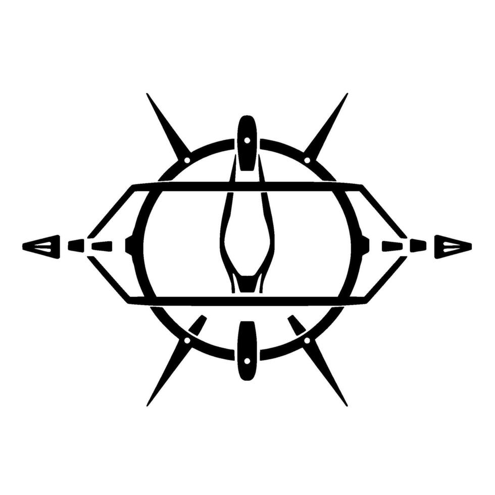 Futuristic, black and white geometric emblem features a compasslike outer circle with spiky points, intersecting a stylized, eyeshaped polygon centered on a sleek, vertical form. vector
