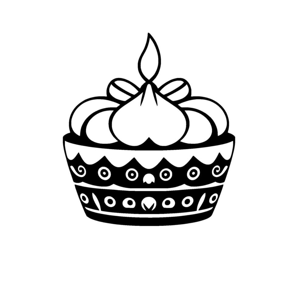 Festive Black and White Illustration of a Decorated Cupcake with a FlameShaped Topper, Detailed Pattern . vector