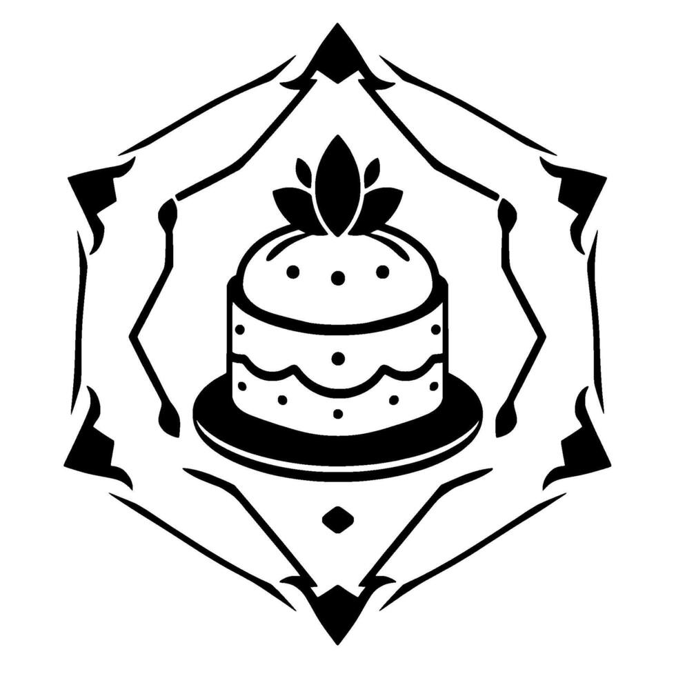 Elegant Black and White Cake within Ornate Geometric Frame, Decorative Dessert Symbol. vector