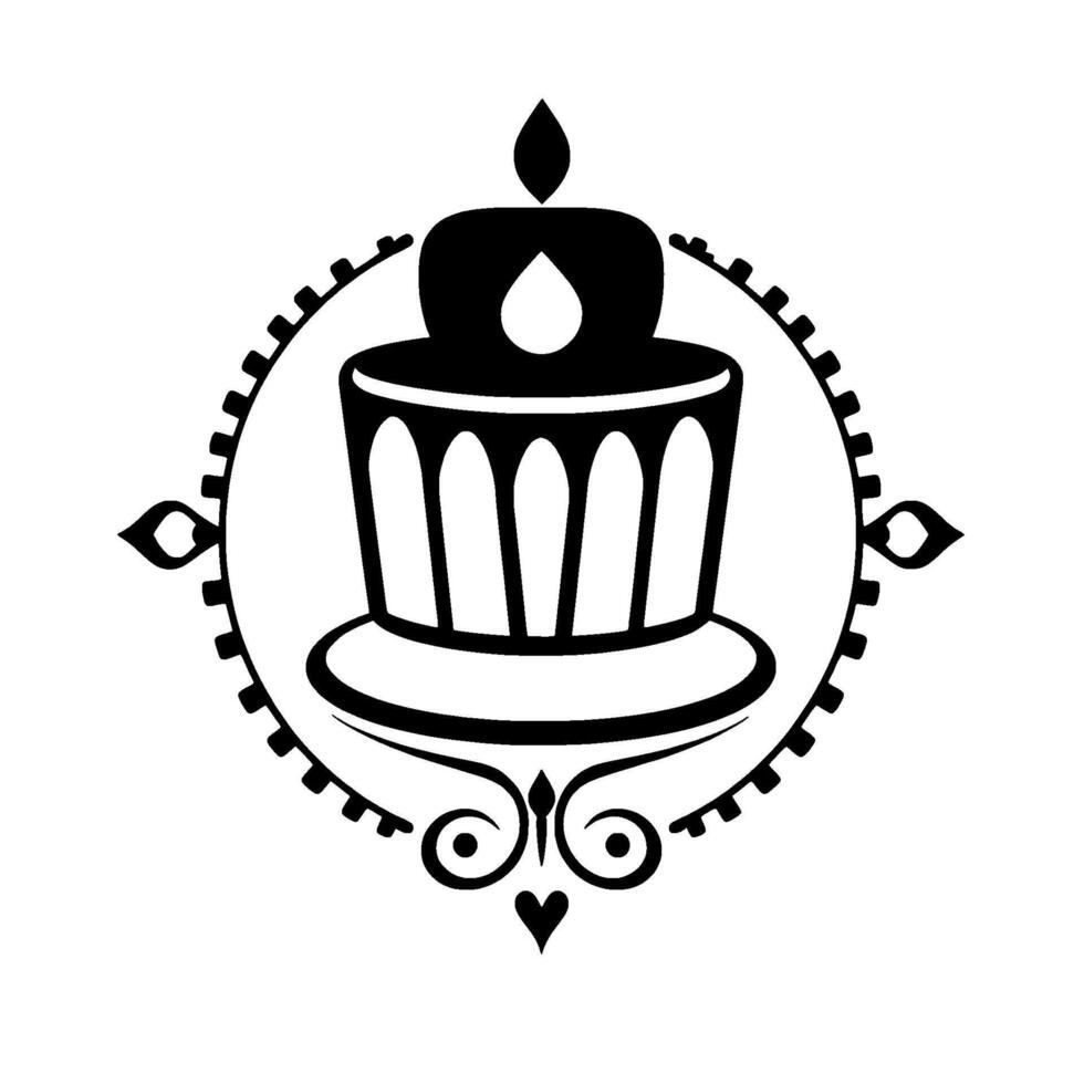 Elegant Black and White Cake , featuring a candle with a tearshaped flame, within a decorative circular frame. vector