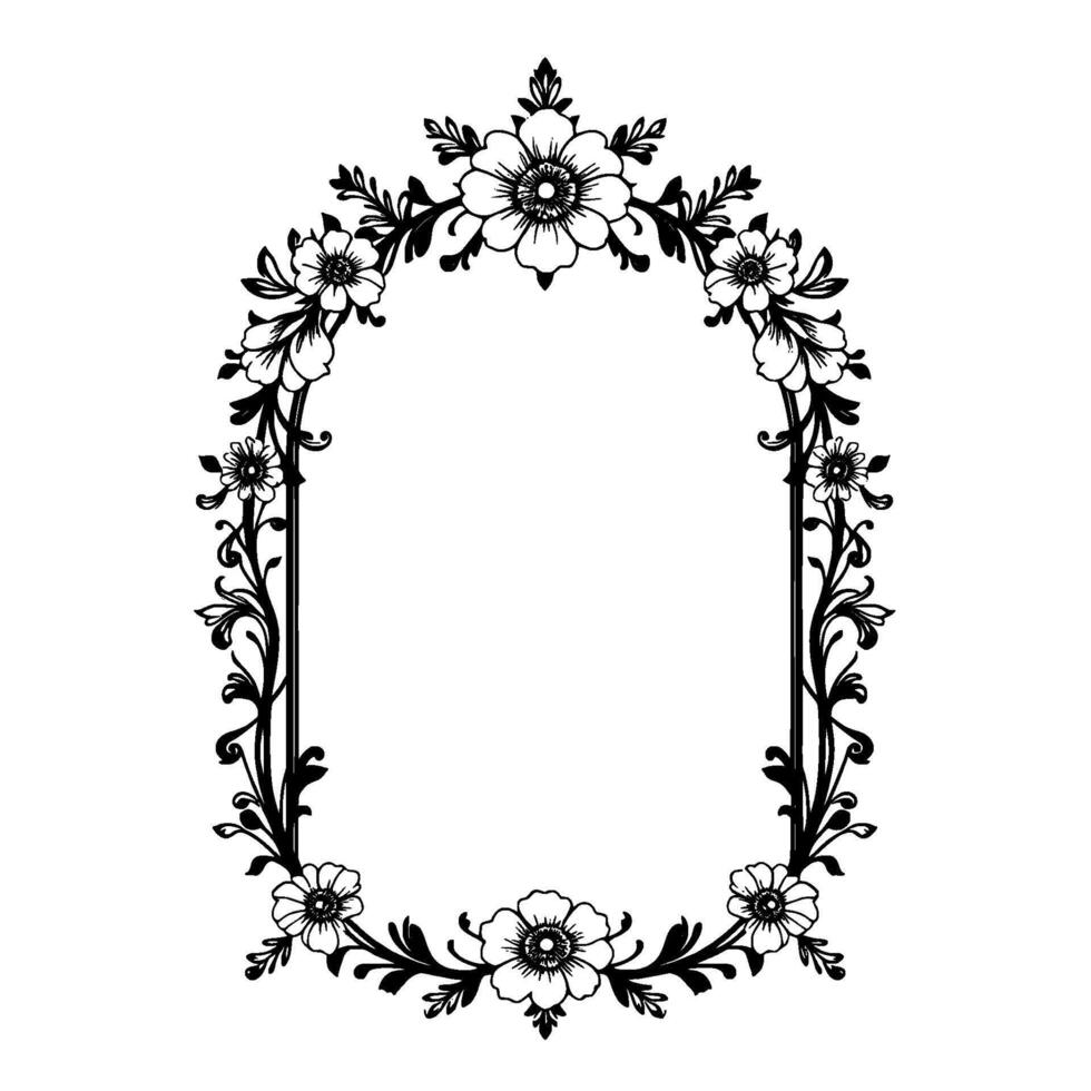 Elegant Black and White Floral Arch Decorative Frame with Stylized Flowers, Leaves, and Ornate Vines on a White Background. vector
