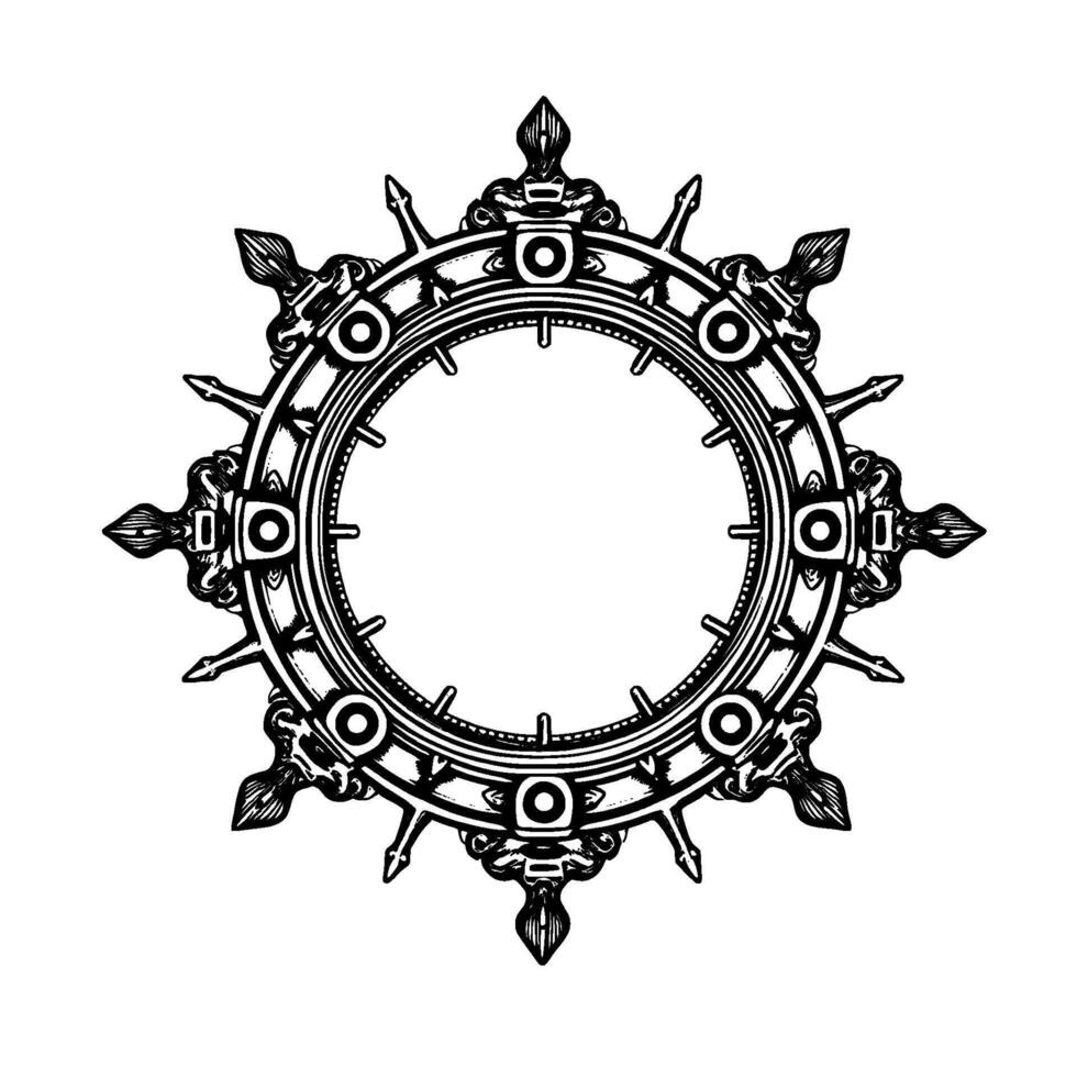 Intricate symmetrical, black and white handdrawn ornate circular with spikes, decorative details, and empty center. vector