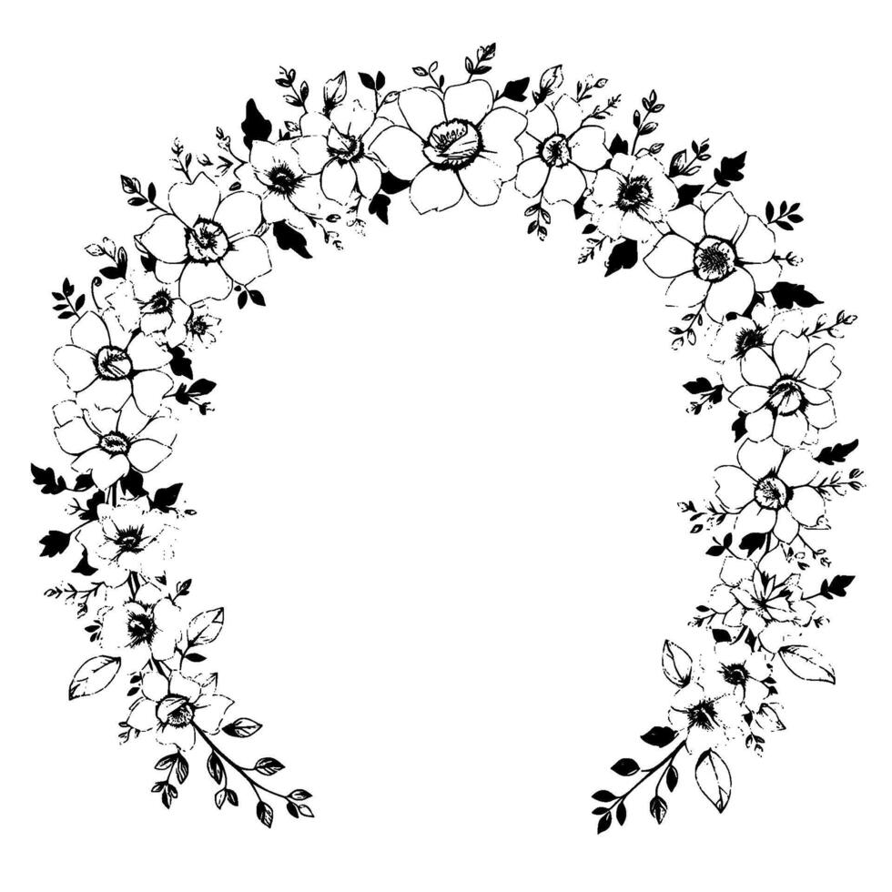 Elegant Botanical Crescent Delicate Black and White Floral Arch with Detailed Line Art, Perfect for Invitations or Elements. vector