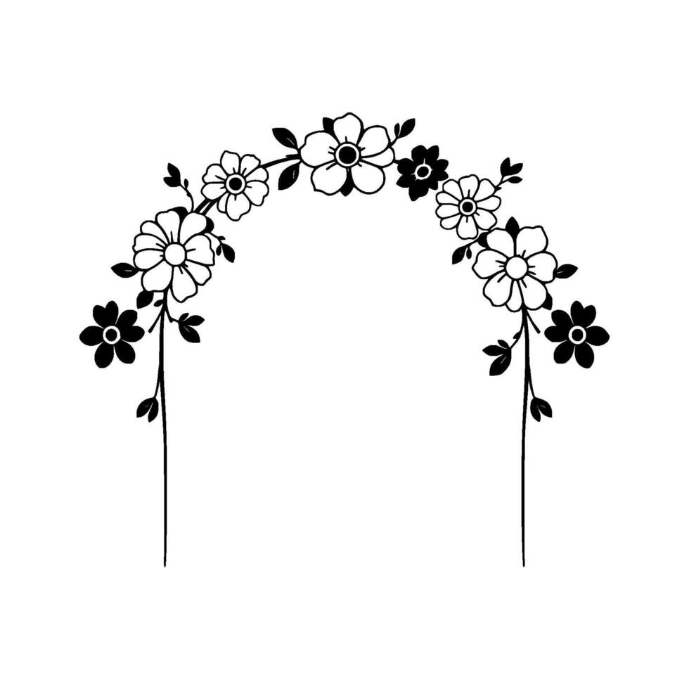Delicate Floral Arch Illustration A Black and White, Minimalist Botanical Arrangement with Flowers and Leaves, Perfect for Wedding Invitations or Decorative Designs vector