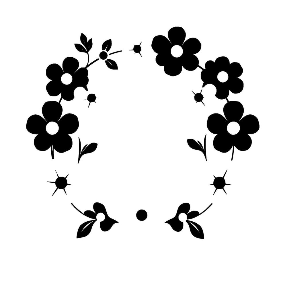 Simple black floral wreath with stylized petals and leaves, arranged in a symmetric circle against white. vector