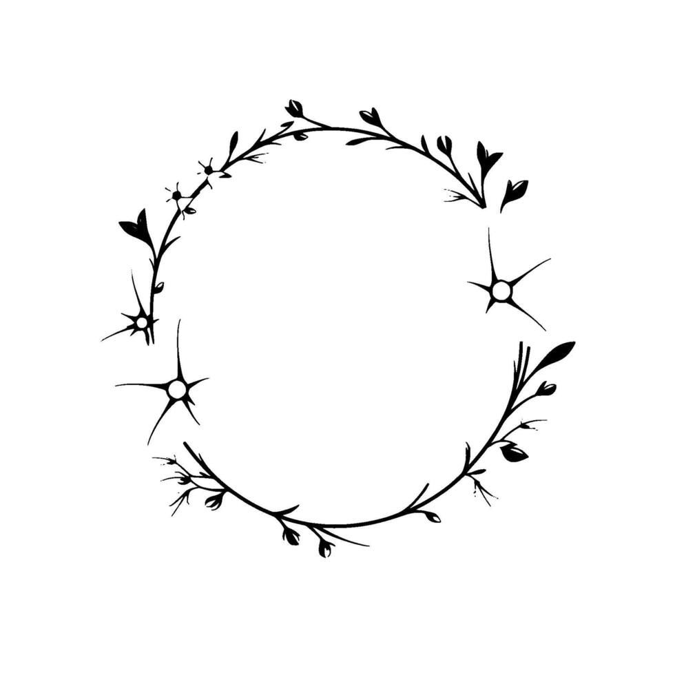 Minimalist black floral wreath with stylized starlike elements set against a clean white background. vector