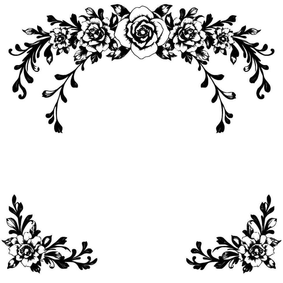 Elegant Black and White Floral Frame Composition with Detailed Rose Illustrations and Decorative Botanical Elements. vector