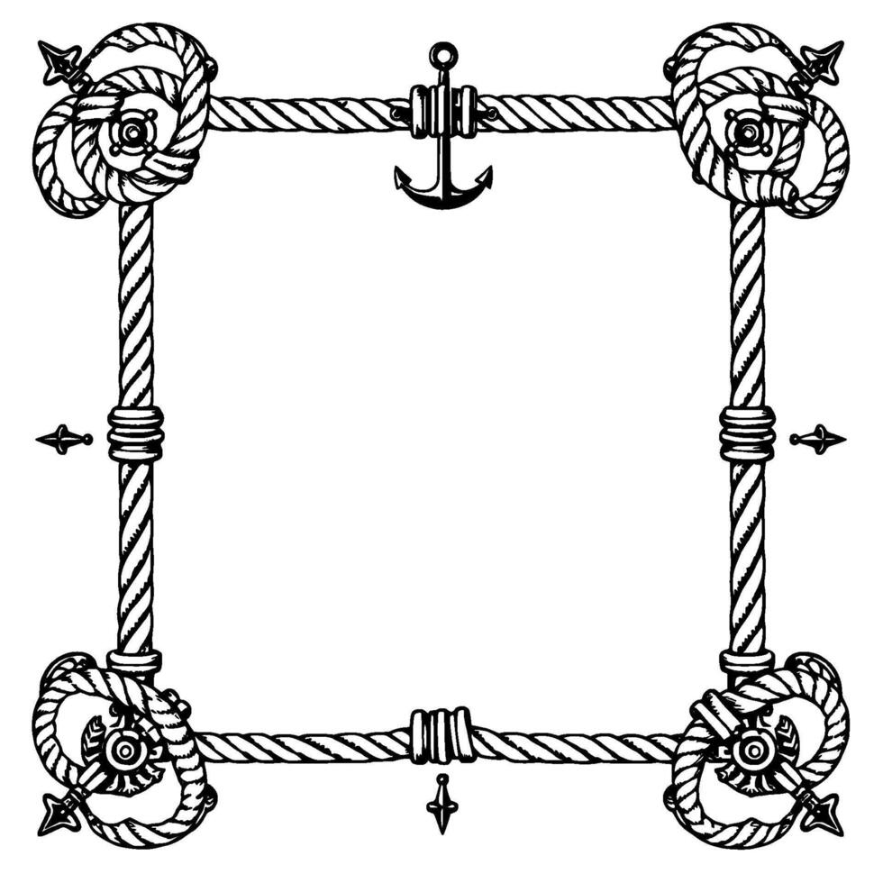 Ornate Nautical Frame Square Border Crafted from Thick Twisted Ropes, Knotted Corners, Anchor Motif, and Embellished with Decorative Accents. vector