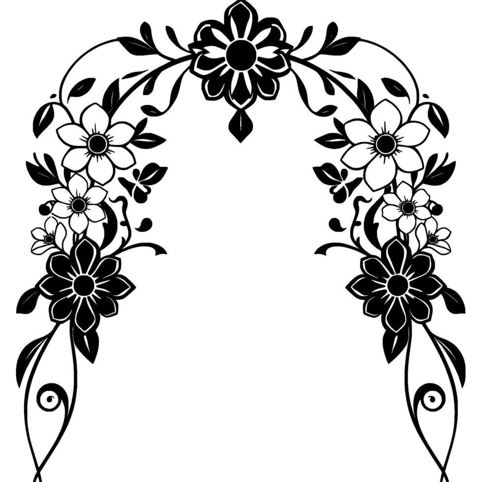 Elegant Black and White Floral Archway with Intricate Details, Featuring Flowers and Leaves on a White Background. vector