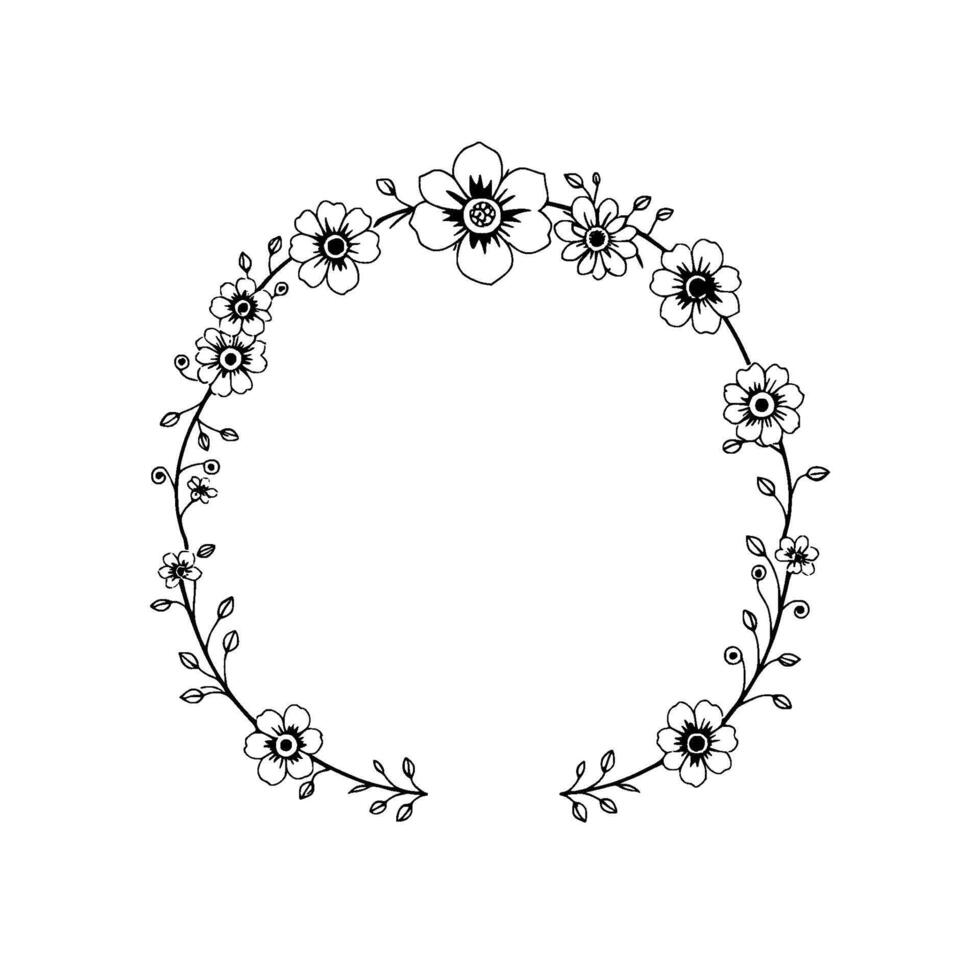 Elegant Black and White Floral Wreath Featuring Delicate Blossoms and Vine Elements, Creating a Circular Decorative Border. vector