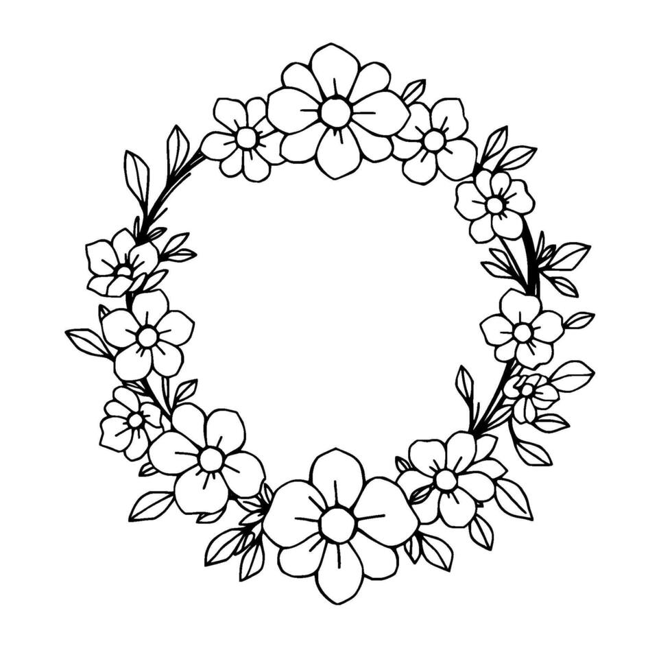 A delicate, handdrawn, black and white floral wreath, encircling an empty space for text or elements, featuring detailed flowers and leaves. vector