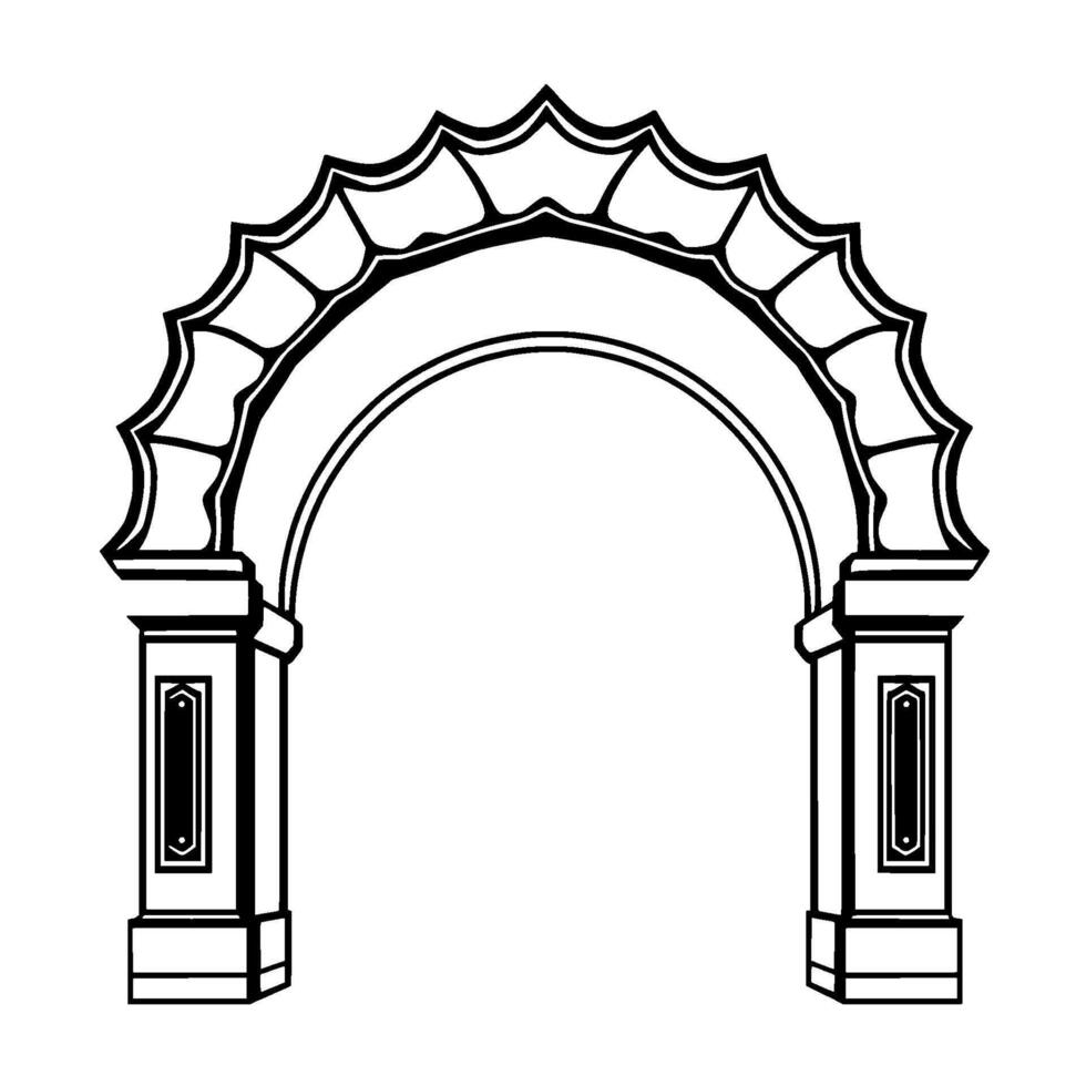 Detailed illustration of an ornate architectural archway with scalloped top, pillar supports, and a minimalist, clean aesthetic. vector