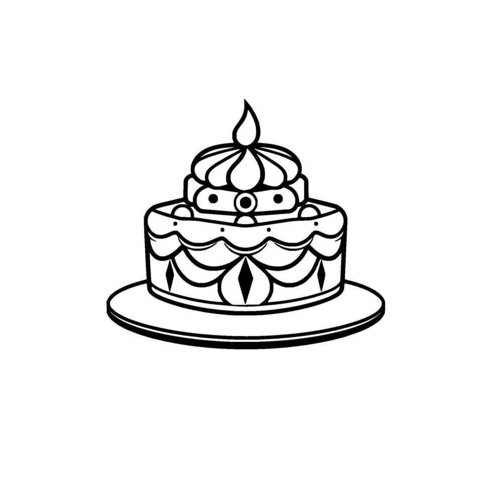 Decorative black and white cake illustration with intricate layered , featuring a crownlike top and ornate detailing, on a round plate, set against white. vector