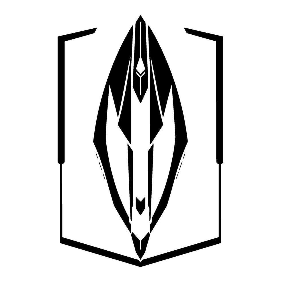 Geometric Black and White A Symmetrical Abstract Composition Resembling a Mask or Crest with Angular Forms, Contained within a Rectangular Frame. vector