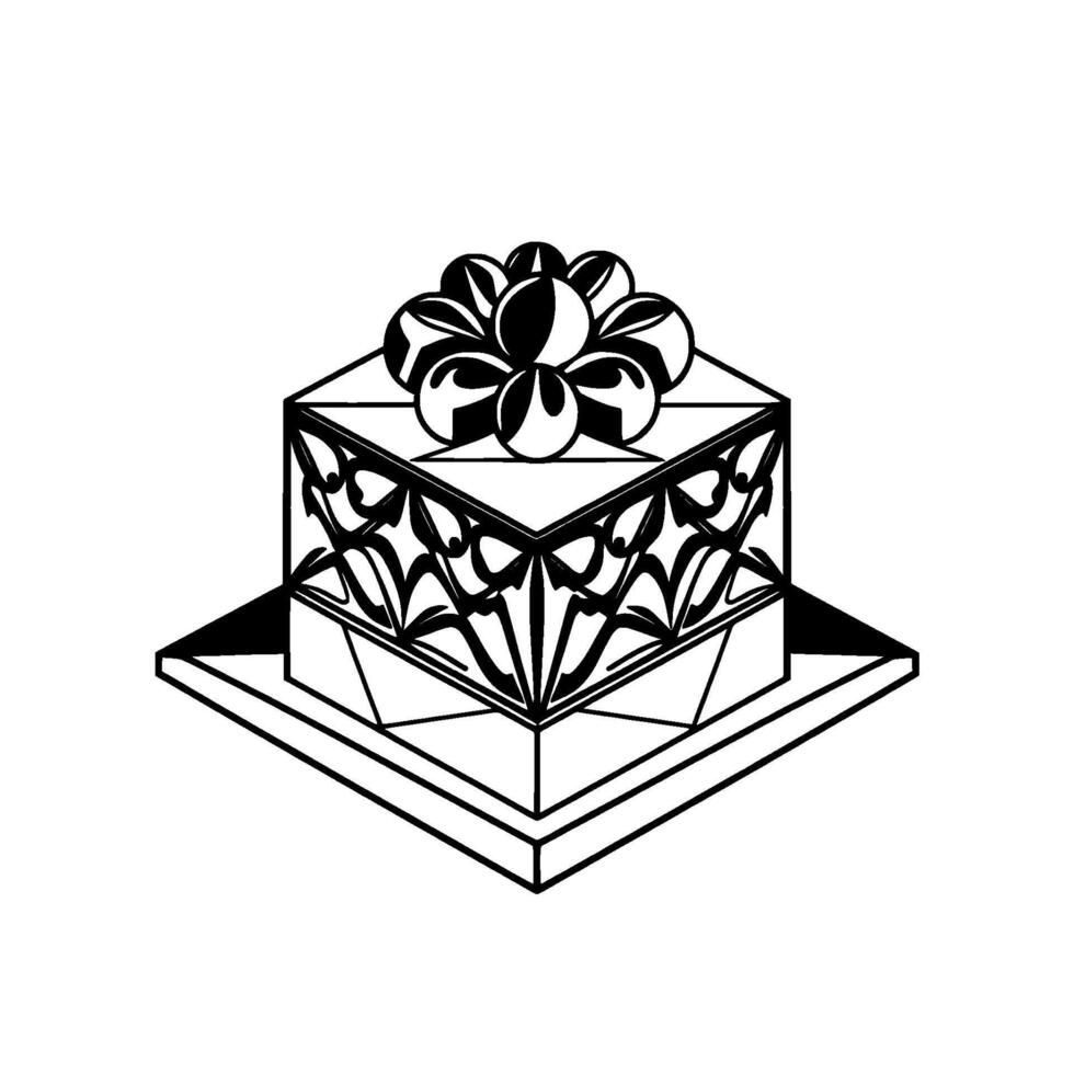 Isometric Black White Gift Box with Ornamental Detailing and a Decorative Bow, Presented on a Platform vector