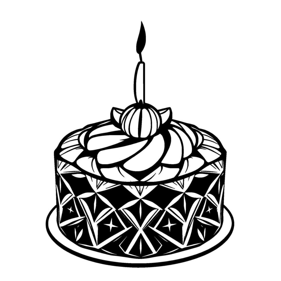 Intricate Black and White Birthday Cake Illustration with Ornamental Geometric Patterned Side and a Lit Candle on Top vector