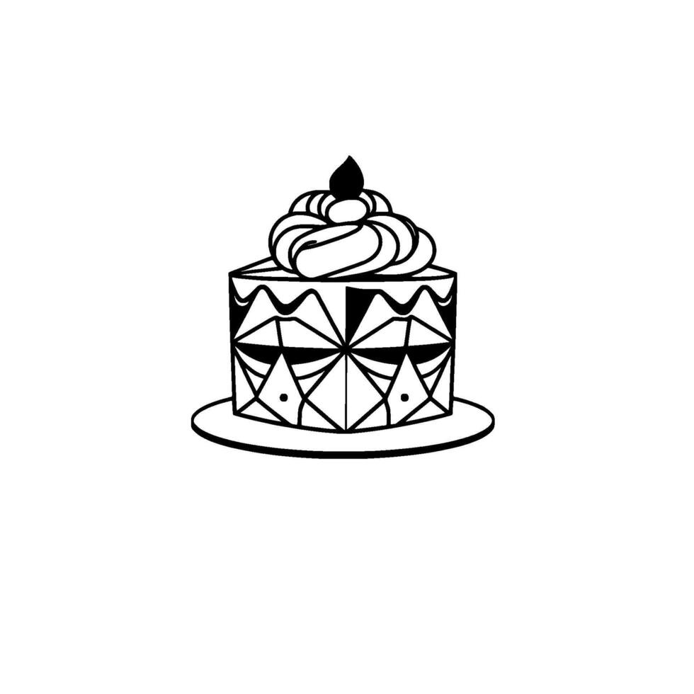 Geometric Black and White Cake Illustration Cuboid with Swirled Icing, a Dark Cherry, and a Decorative Plate. vector