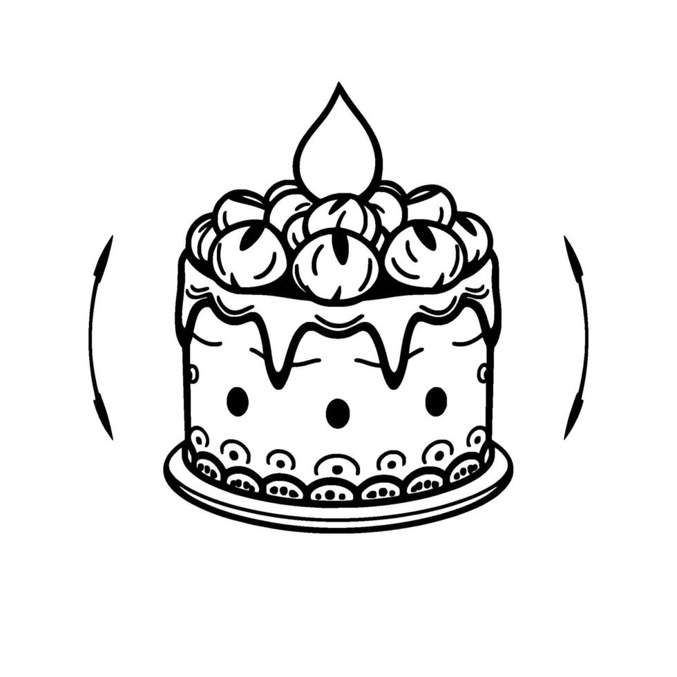 Simple Outline Illustration of a Layered Cake with Creamy Frosting, Berries, Droplet Decoration, and Swirls, Surrounded by Curved Arrows. vector