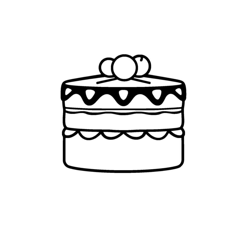 Simple black and white illustration of a layered cake, decorated with fruit on top, isolated on a white background. vector
