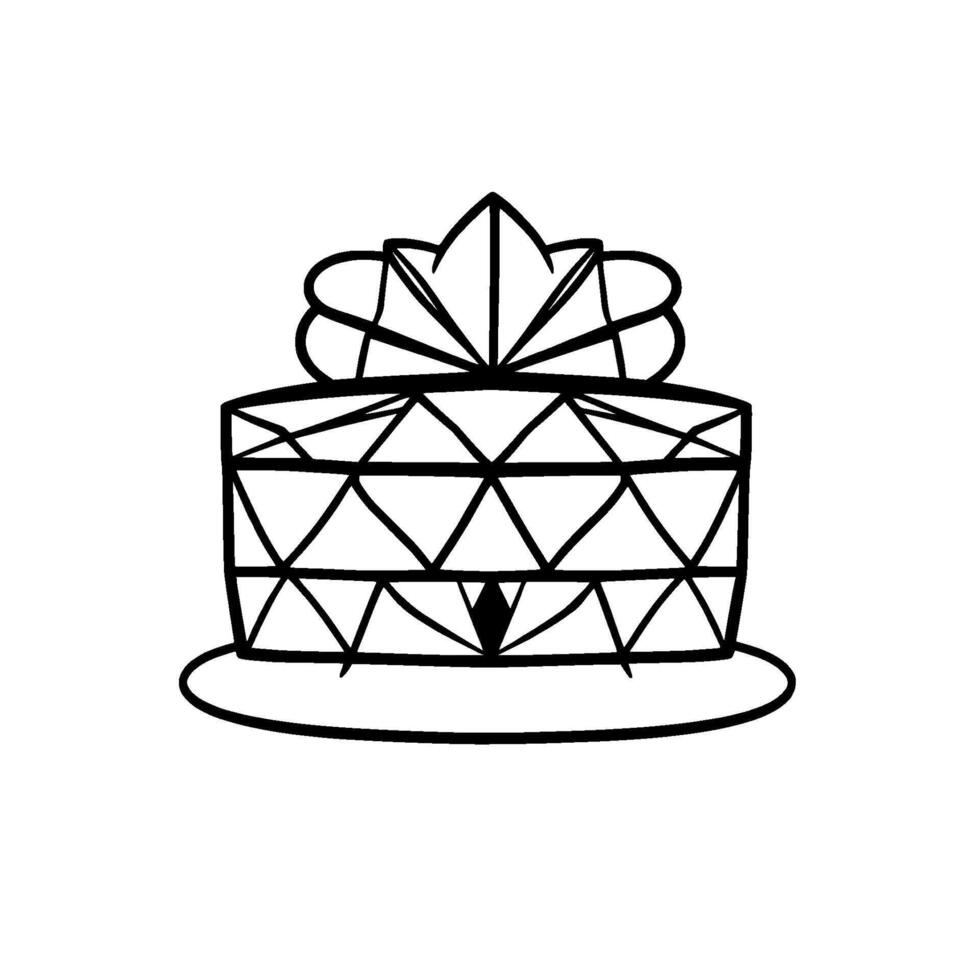 Handdrawn, minimalist black and white cake with a geometric , including triangles, diamonds, and a stylized floral topper. vector