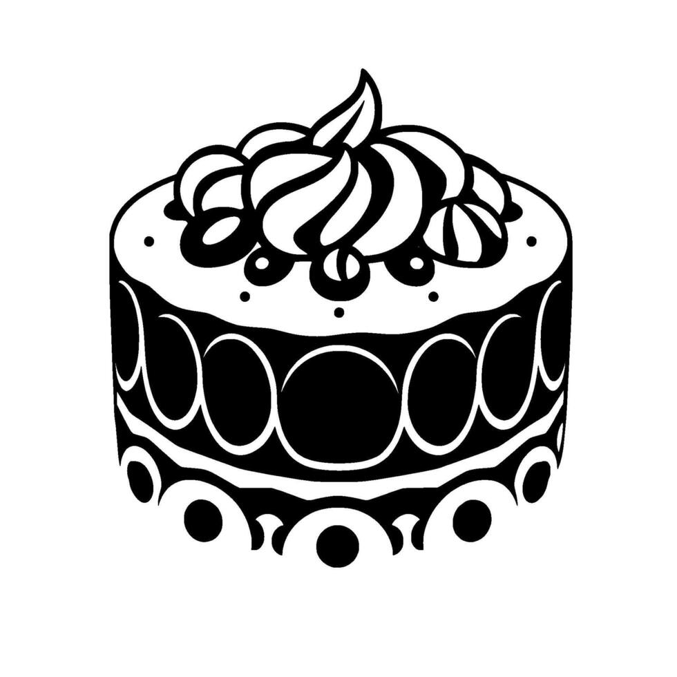 Bold Black and White Illustration of a Decorated Layer Cake with Swirled Cream Topping and Subtle Decorative Details, Isolated on White. vector