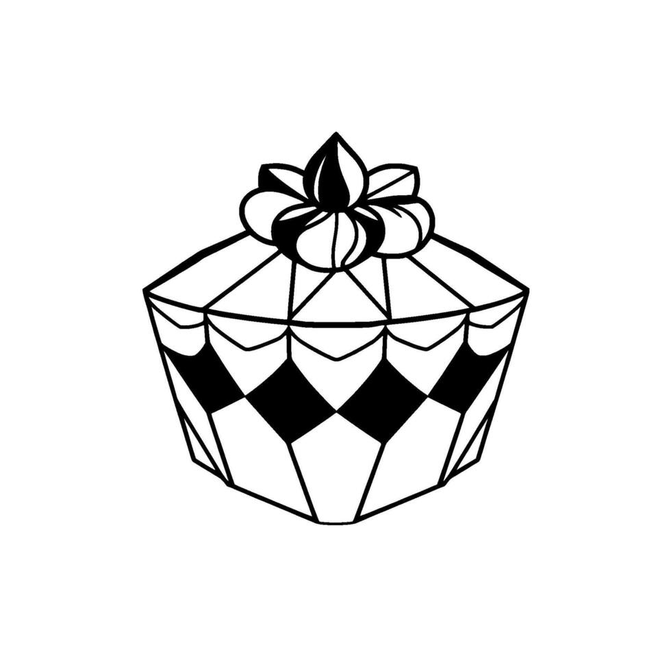 Detailed Black and White Illustration of a Faceted Gift Box Topped with a Decorative Floral Bow, Against a White Background. vector